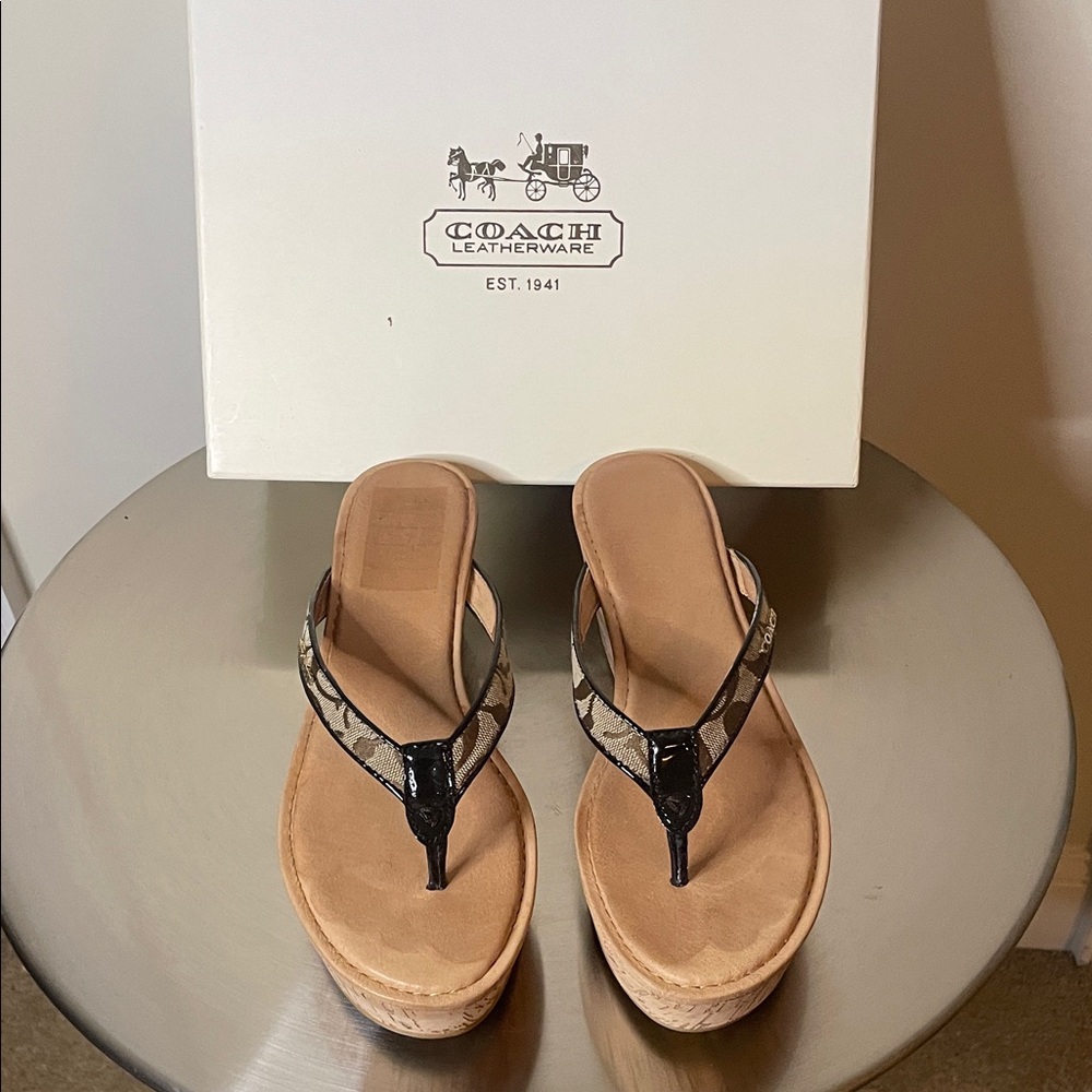 Coach Tan Platform Thong Sandals with Signature Monogram and Black Trim